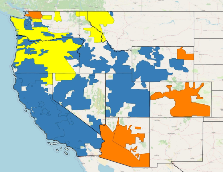 A map of the potential footprints, excluding BPA’s service territory (yellow) to highlight the potential market seams of EDAM (blue), based on utilities that have joined, or signaled their intent to join EDAM, and Markets+ (orange), based on its Phase 1 participants. Note: many Markets+ Phase 1 participants are utilities located within BPA’s footprint.