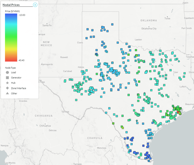 map of Texas with nodal prices