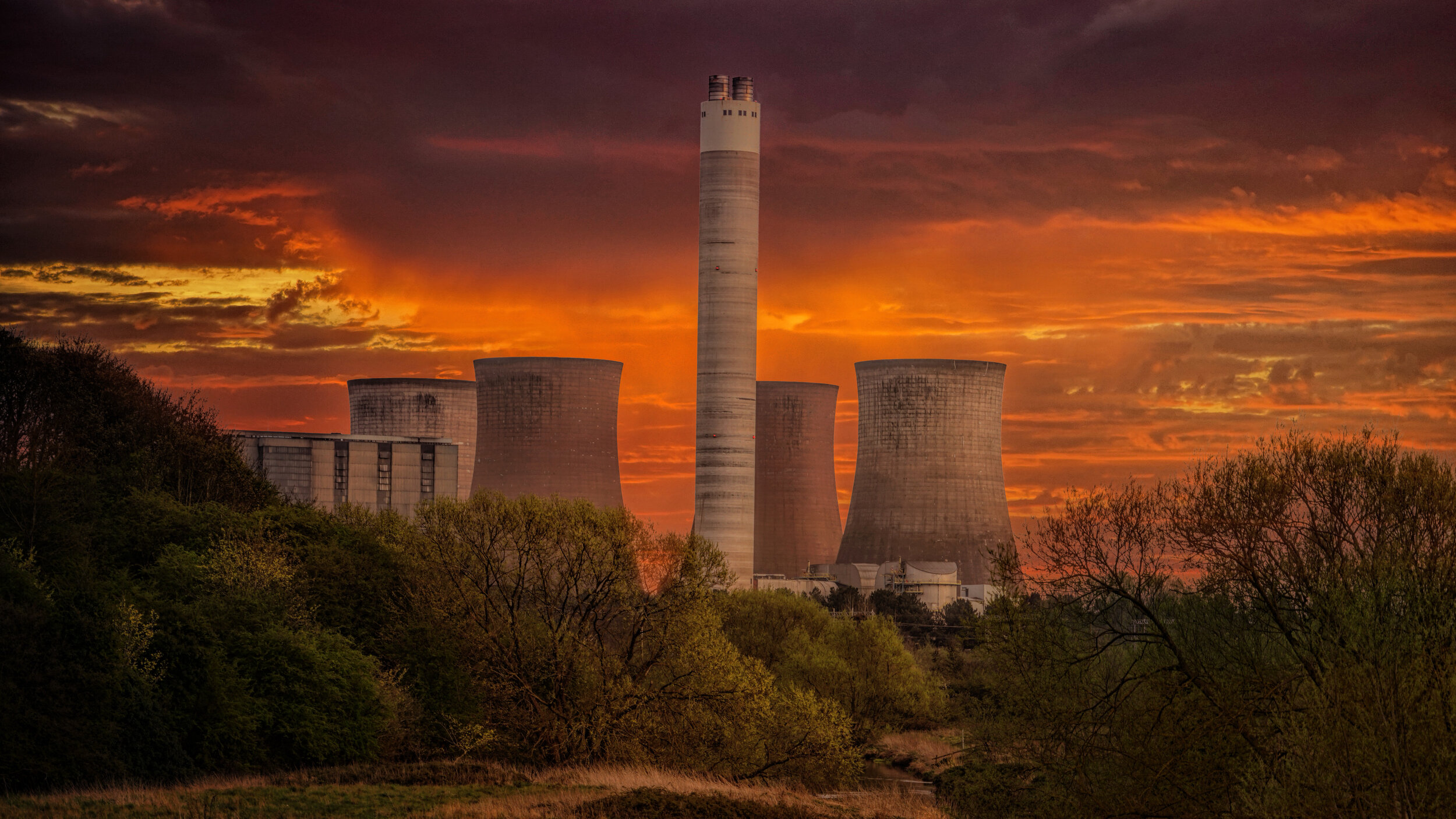 Power plants with red sky